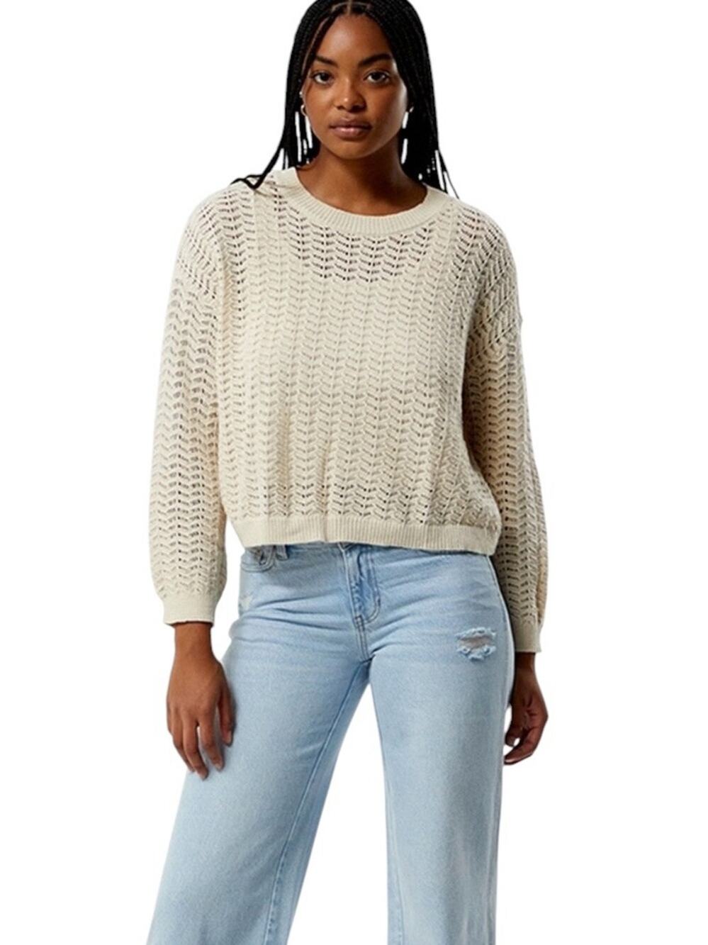 Billabong Sunlit Sweater Cropped Size S Open Weave Cream 100% Cotton Lightweight